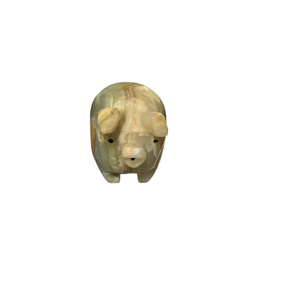 Hand Carved Green Onyx Pig Figurine Banded Calcite Stone Animal Sculpture